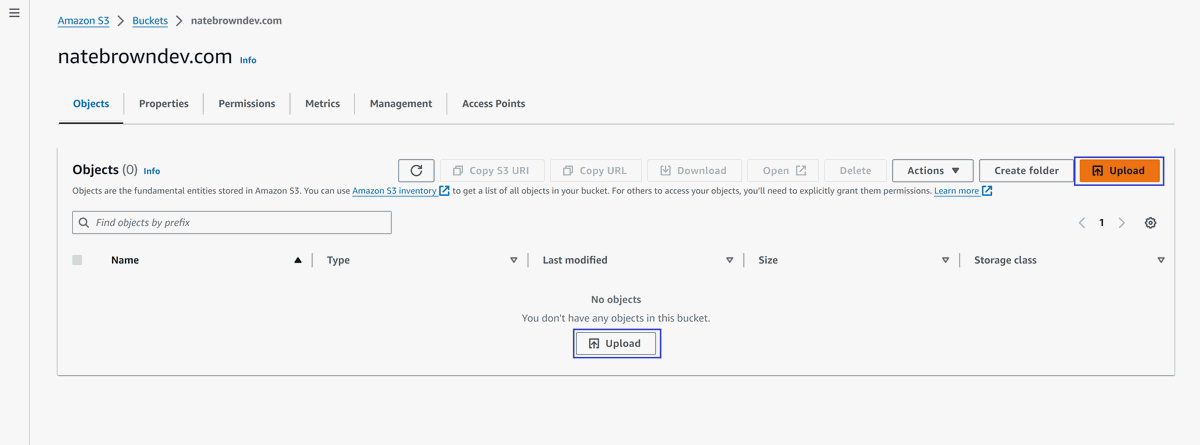 picture of the S3 bucket Object tab